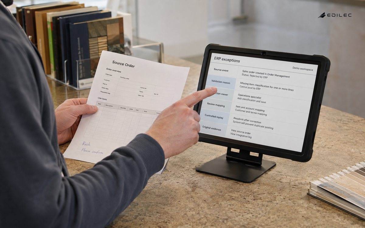 An operator matches source order evidence to an ERP exception before controlled correction.