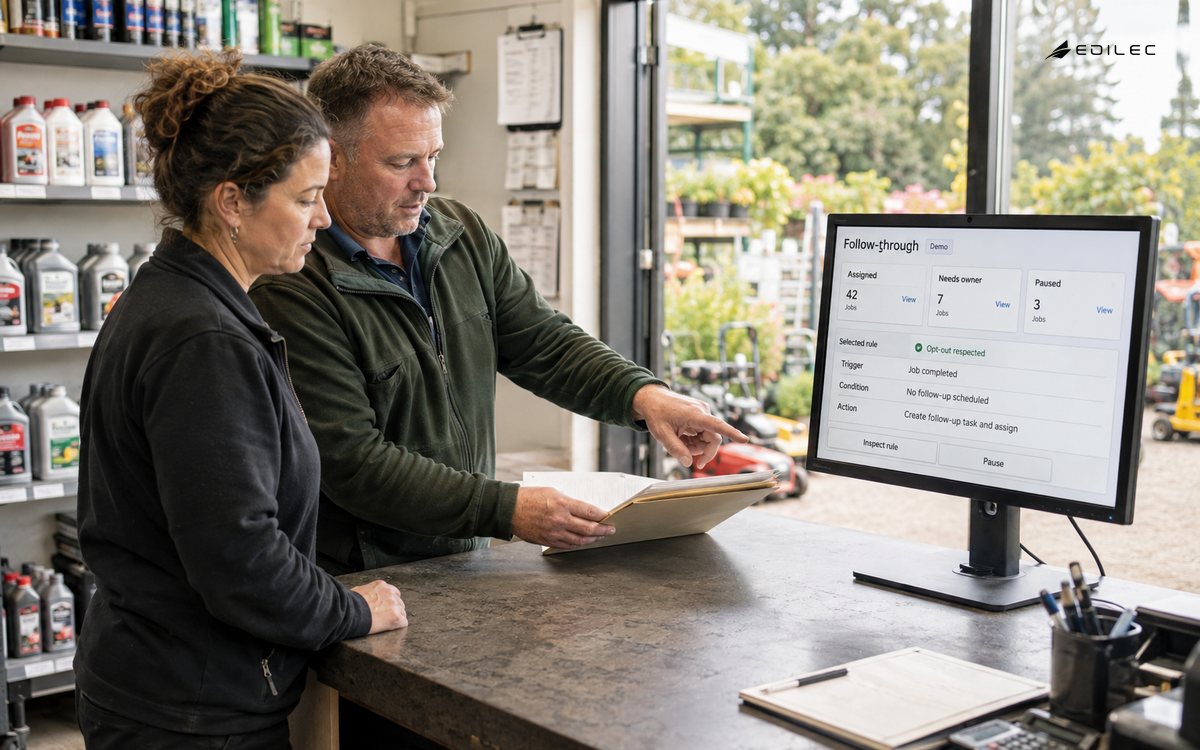 Service staff review CRM follow-through at a garden equipment dealer's service counter.