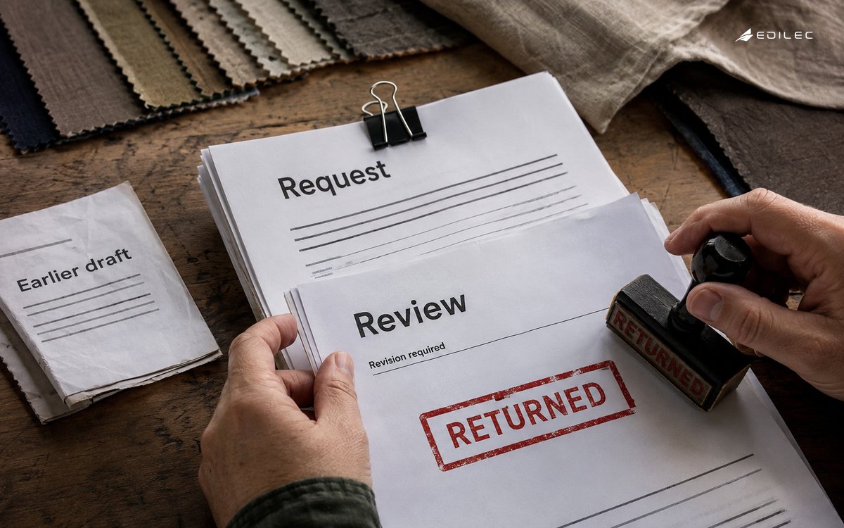 A reviewer keeps a returned request with its review sheet and separates an earlier draft.