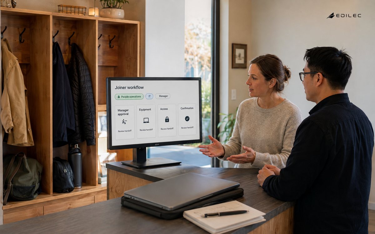People operations and IT colleagues review a joiner workflow beside equipment awaiting handoff.
