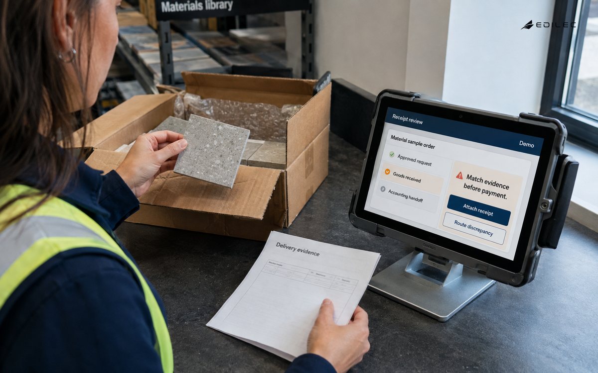 A coordinator checks received material samples against a purchasing workflow at a receiving counter.