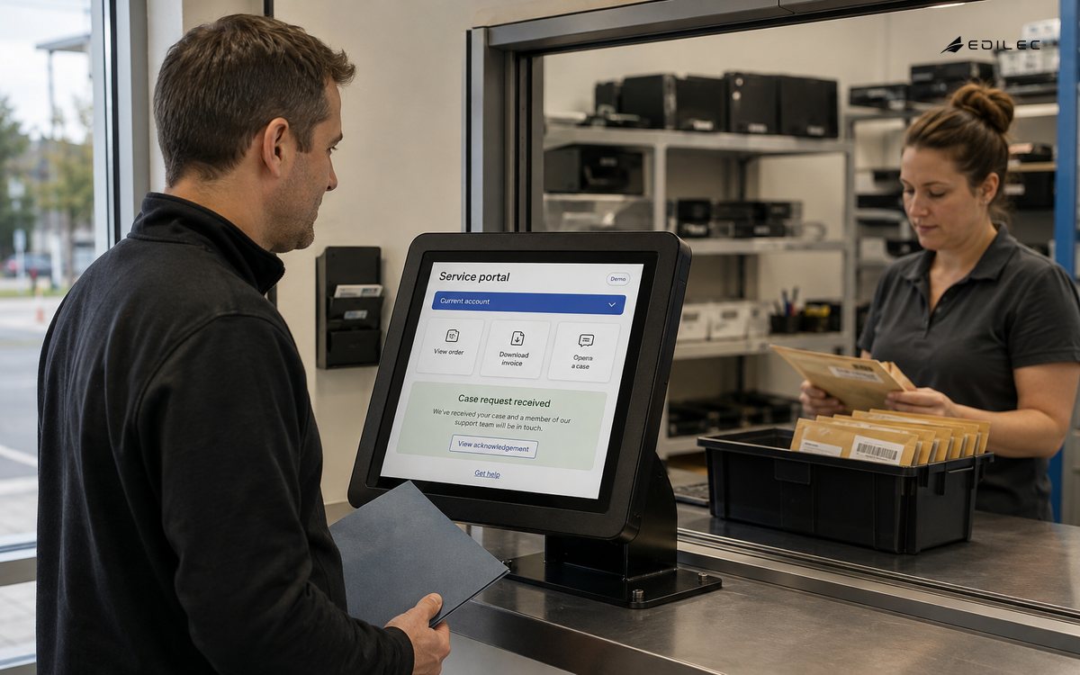A customer uses a secured portal tablet at an equipment-repair reception counter.