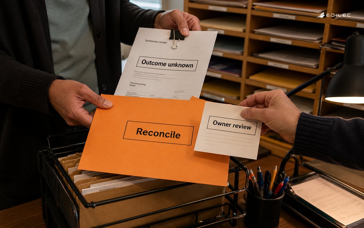 Operations staff routing an uncertain payment posting receipt into a reconciliation case folder.