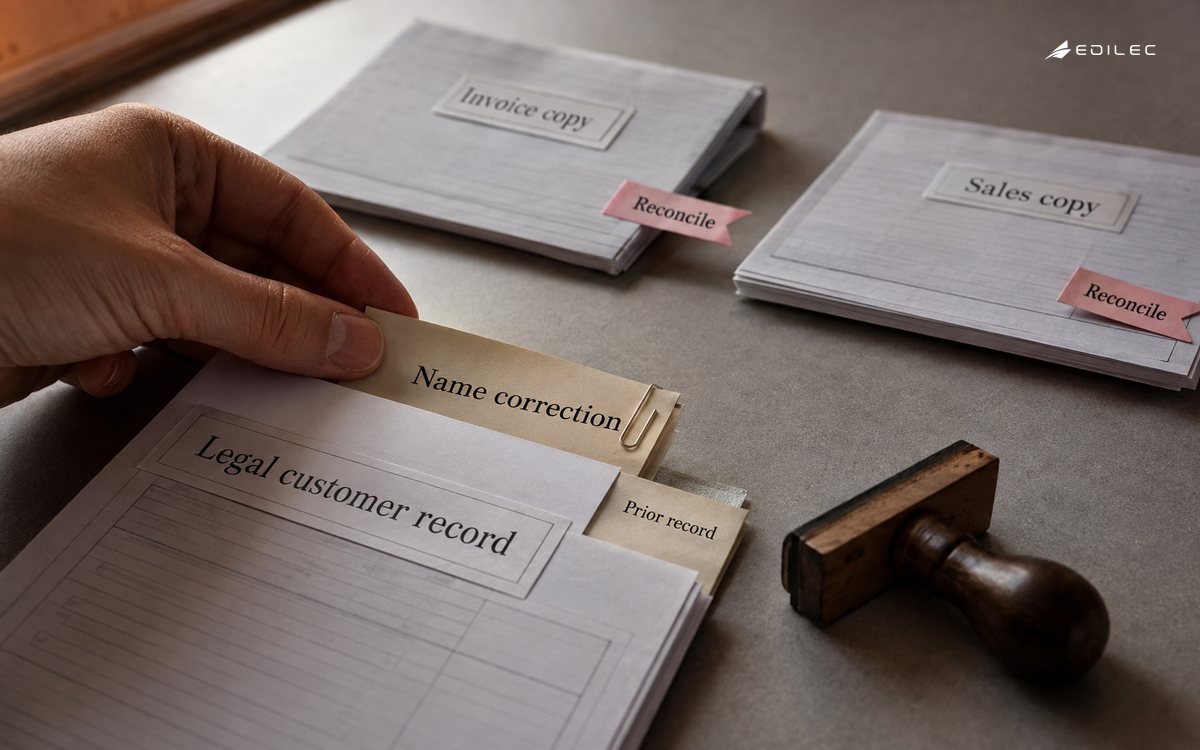 Records steward applying a legal-name correction to an authoritative record while invoice and sales copies await reconciliation.