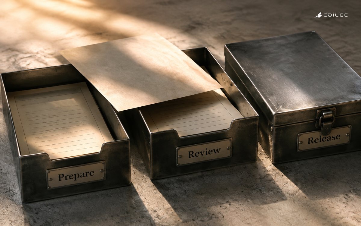 Separate document trays distinguish preparation, review and release authority.