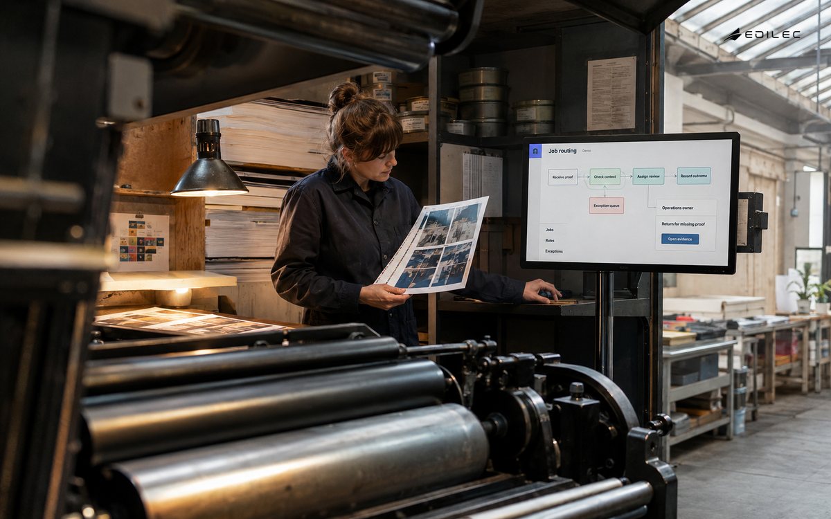 A print coordinator reviews a proof beside a production-routing display in a working studio.