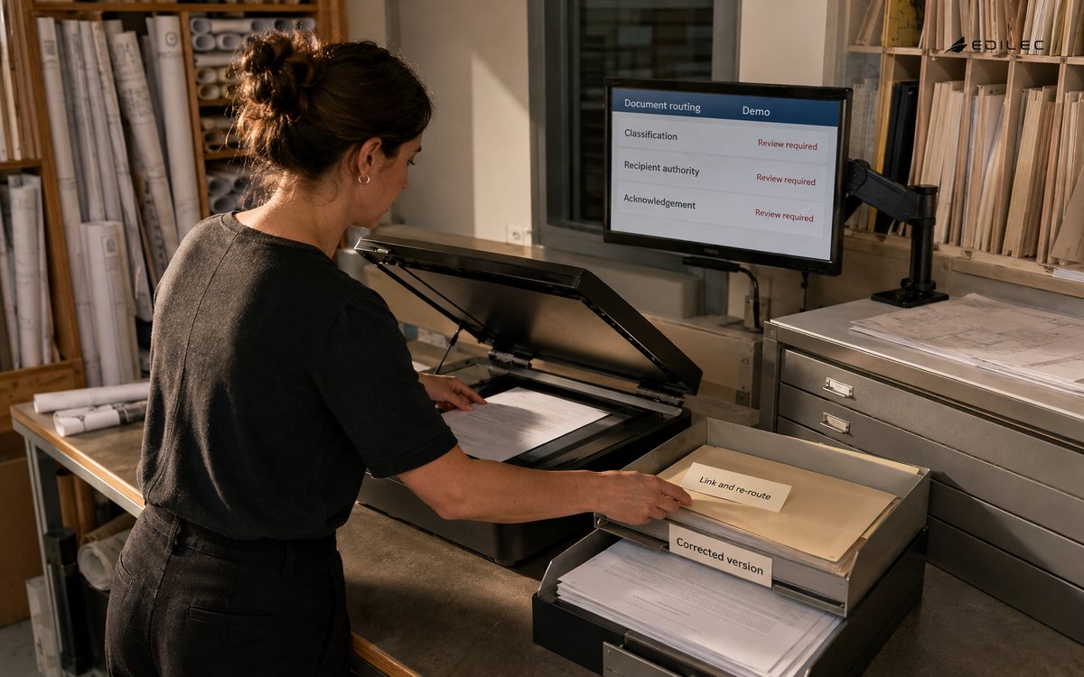 A records coordinator scans a corrected agreement and links it to the earlier version.