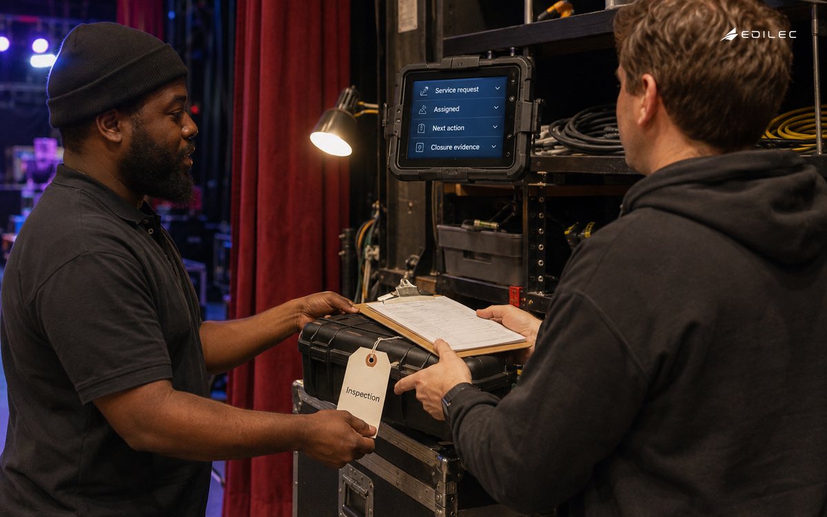 Technicians hand over an inspection case with a service request at a theatre.
