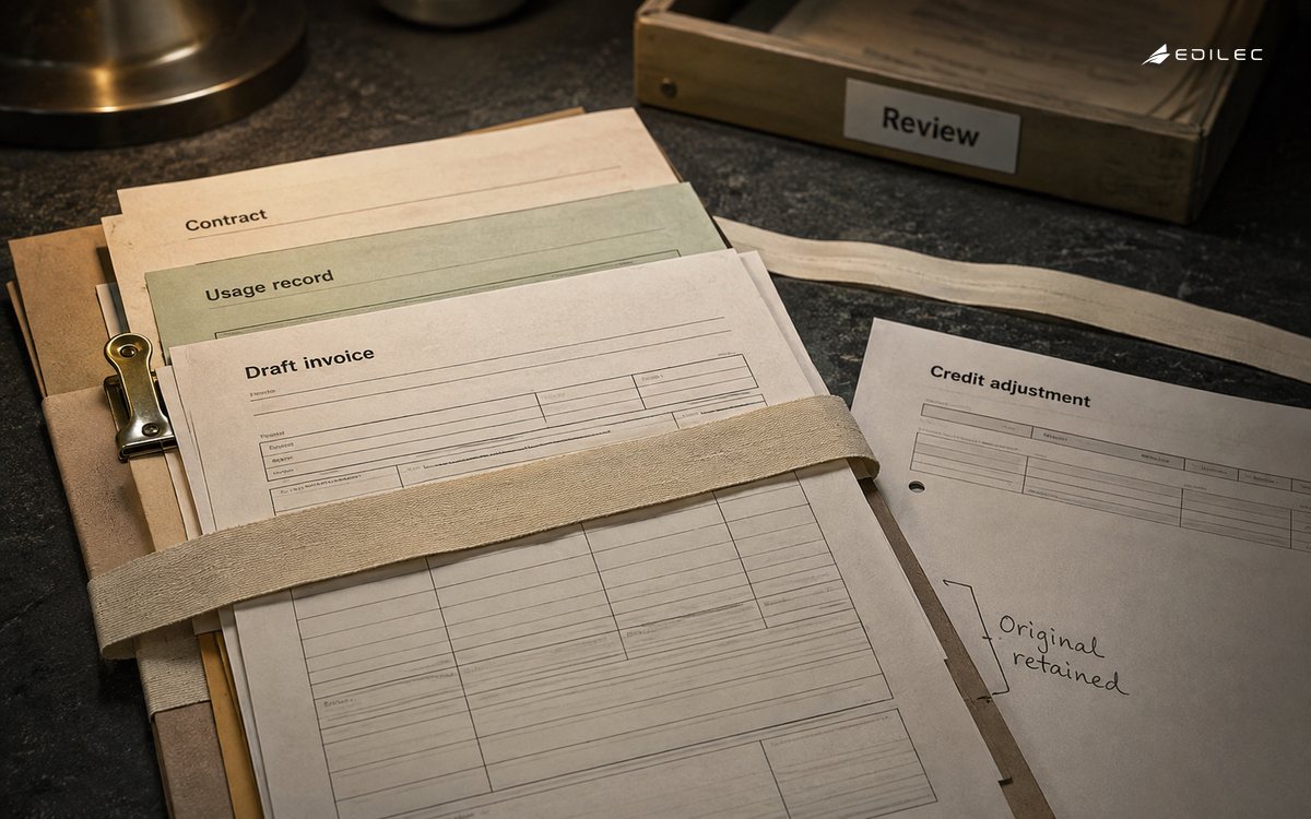 Contract and usage sheets clipped to a draft invoice, with a separate credit adjustment in a review tray.