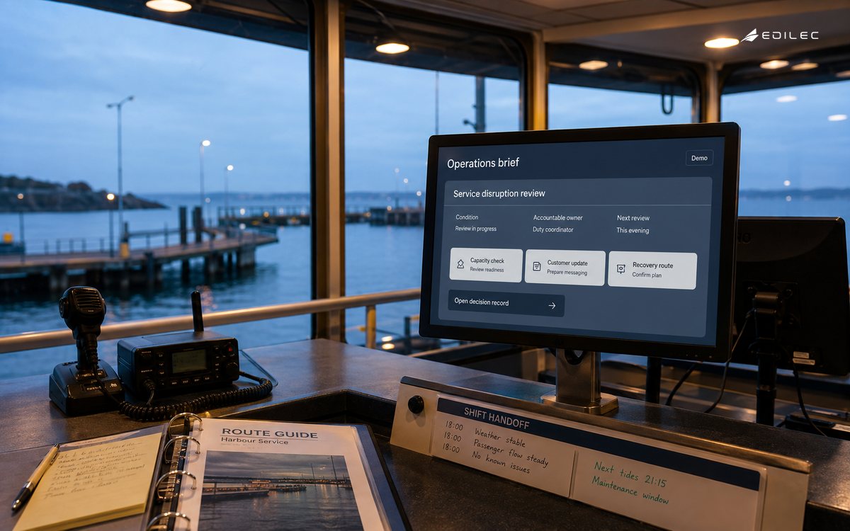 Harbour dispatch room with radio equipment and one screen showing an owned service-disruption review.