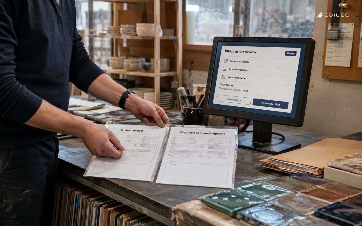 Standing planner compares an order record with its dispatch acknowledgment beside an integration-review terminal.