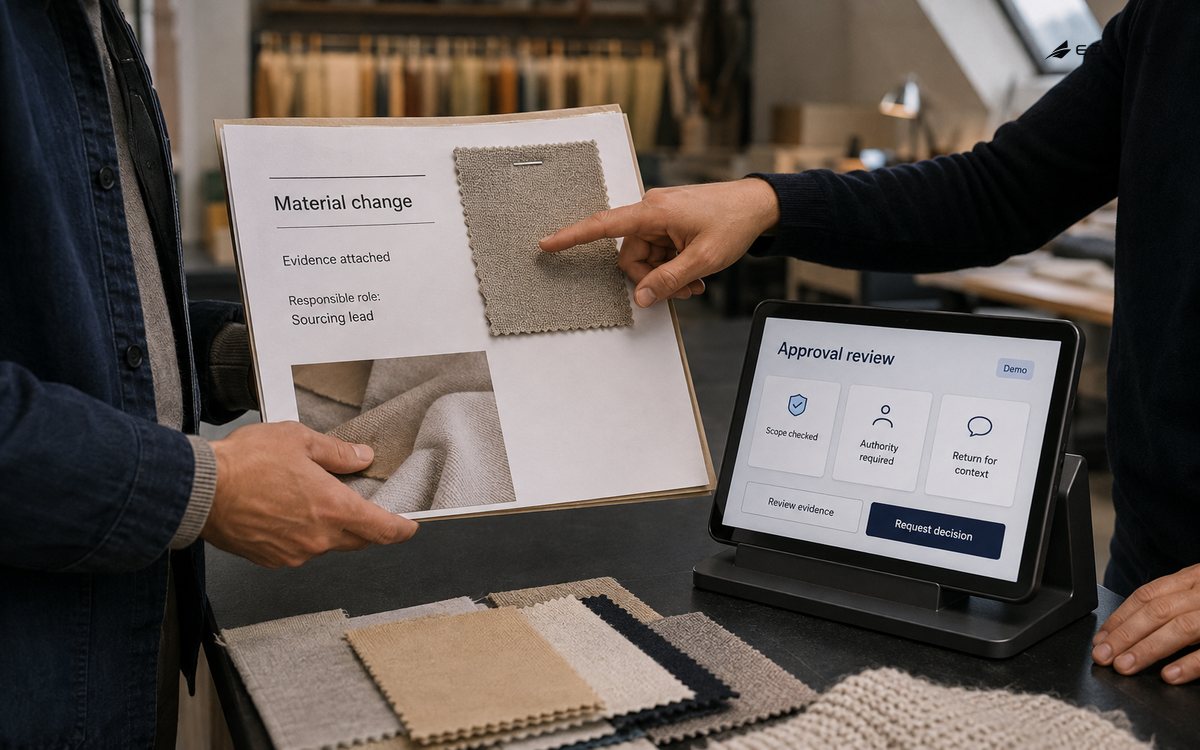 Standing colleagues review a fabric-change packet and its evidence beside an approval tablet.