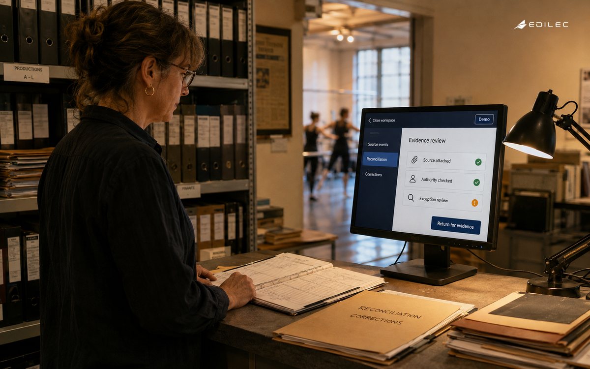 A theatre administrator reviews close evidence beside reconciliation folders in an archive office.