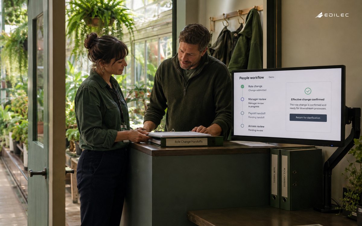 Garden staff administrators review a role-change handoff beside an HR workflow screen.