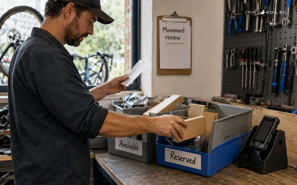A mechanic moves a replacement part from available stock to a reserved-job tray while checking a movement slip.