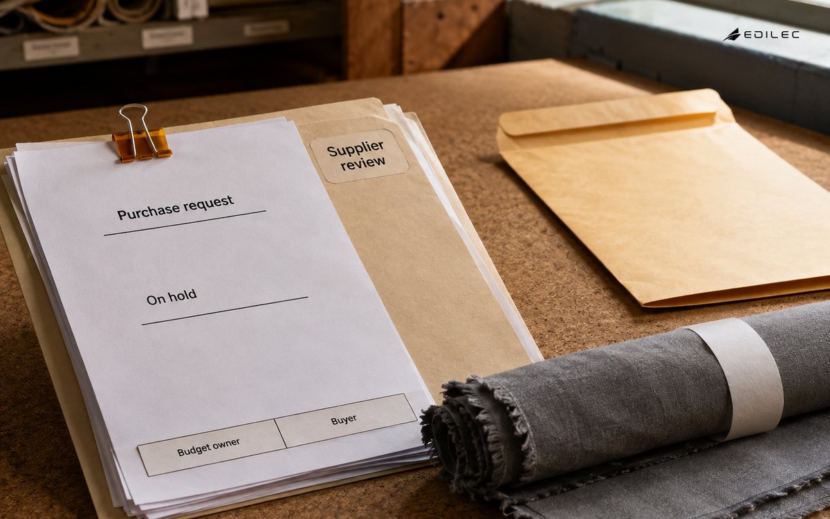 Purchase request held against a supplier-review folder beside fabric samples and an unsent envelope.