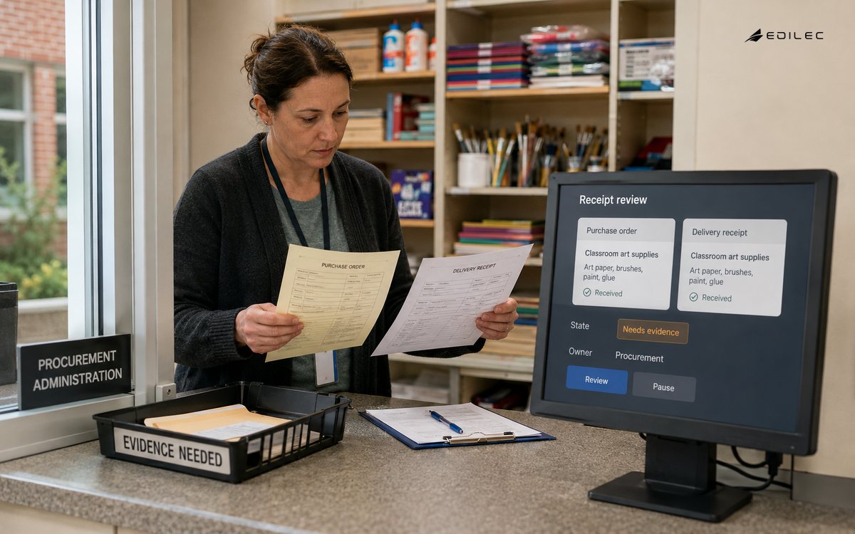A procurement coordinator matches purchase and receipt papers beside an evidence-needed tray and workflow screen.