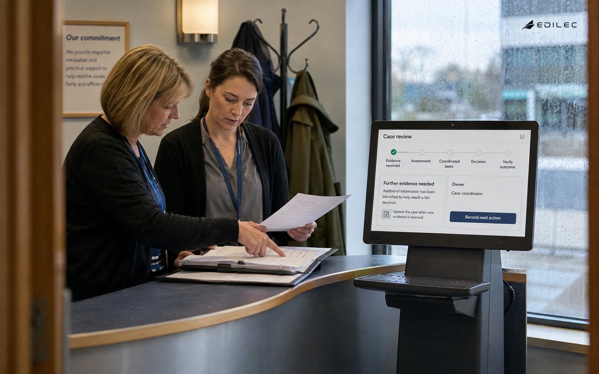 Two standing case coordinators review supporting papers beside a case-history terminal.
