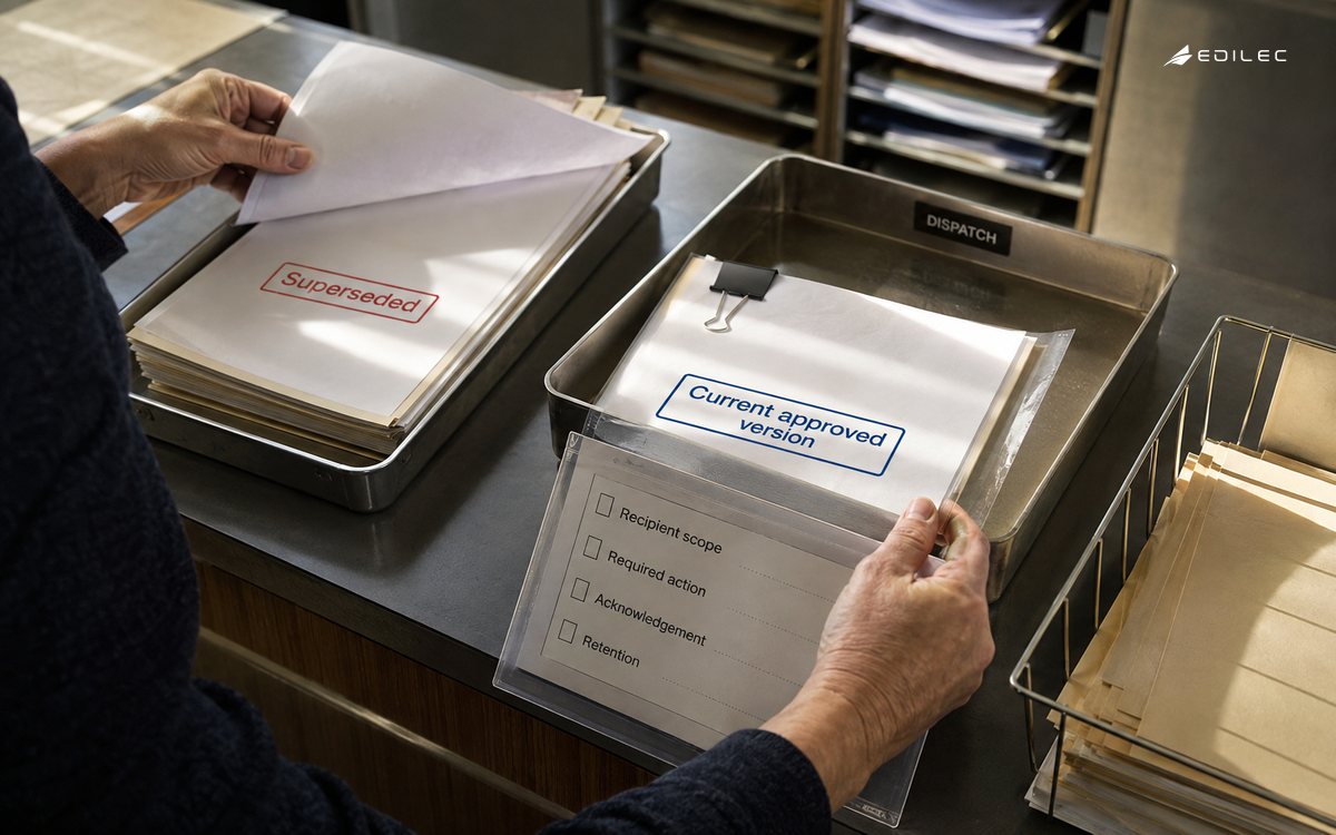 Hands separate a superseded packet and route the current approved document with its acknowledgement checklist.
