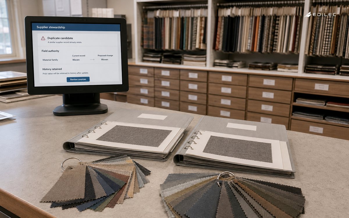Textile sample binders and swatches beside a supplier-record stewardship display.