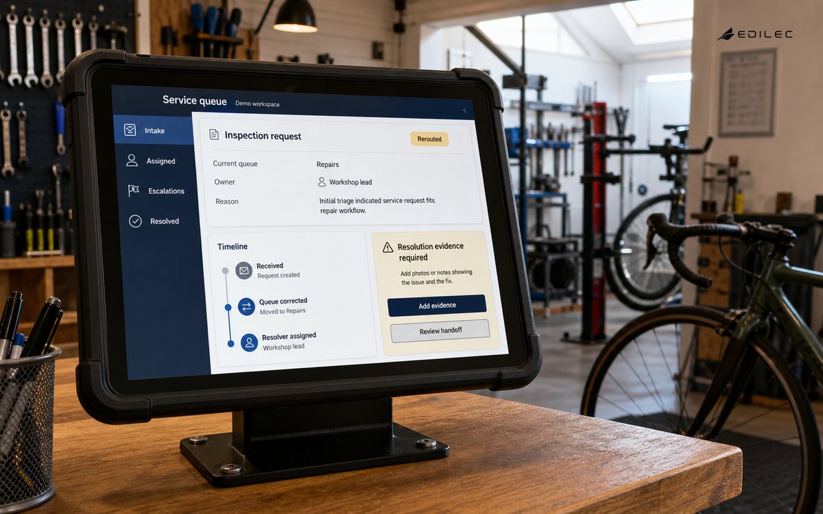 Bicycle-workshop intake terminal showing a rerouted request and the evidence needed for resolution.