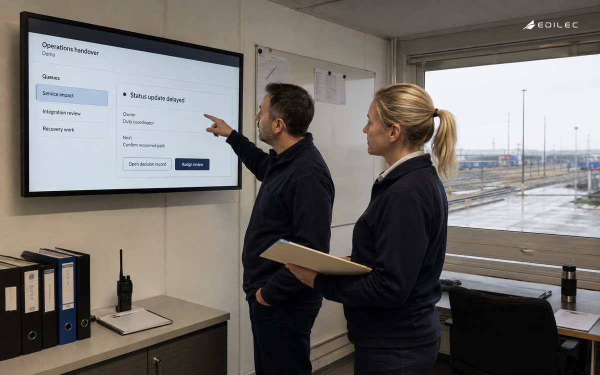 Coordinators review business-impacting queues during an operations handover.