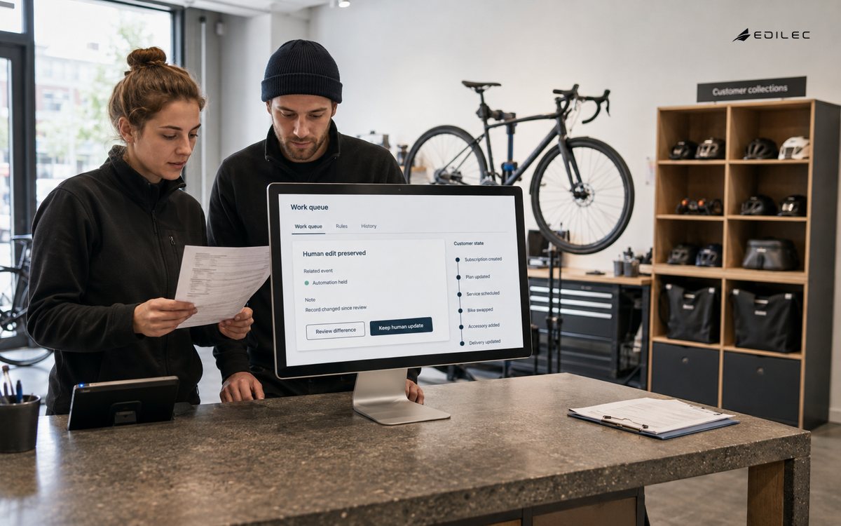 Service staff compare a paper note with a CRM history view at a bicycle subscription counter.