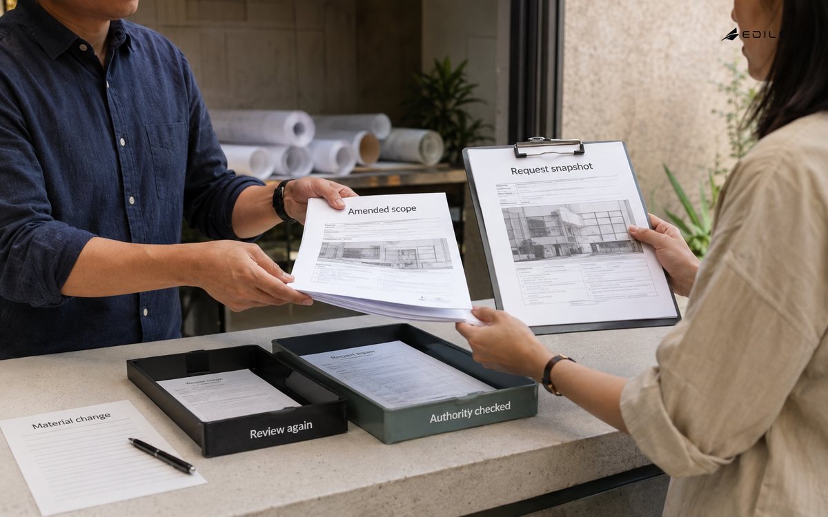 Standing project coordinators compare an amended request packet with its preserved earlier snapshot.