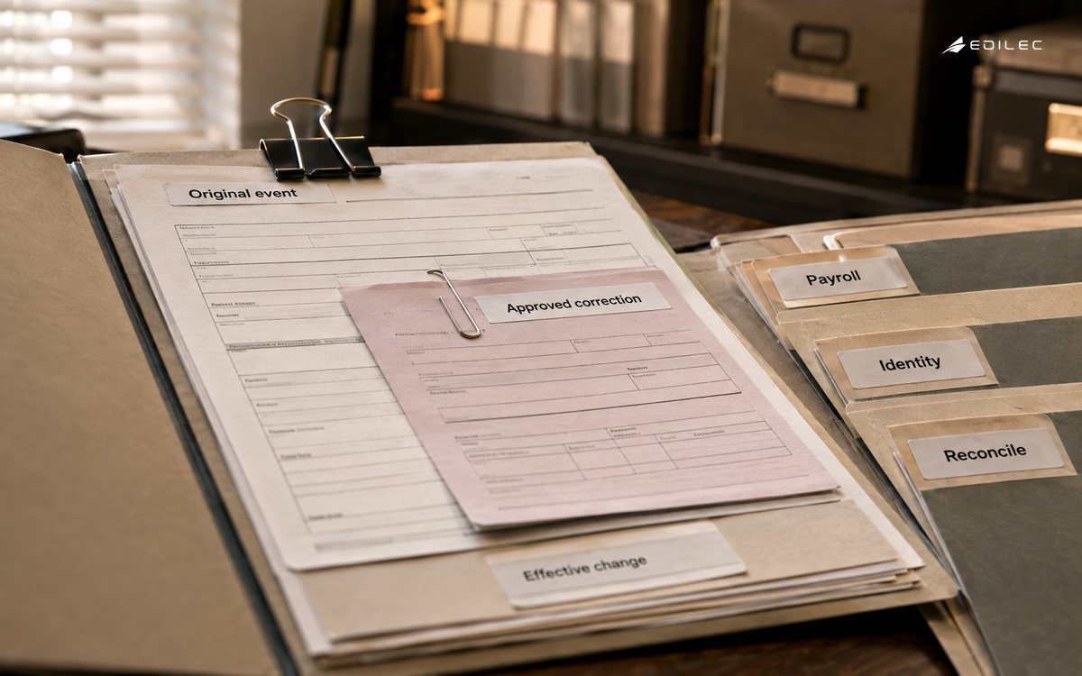 An approved correction attached to an original lifecycle form, with payroll and identity routing sleeves.
