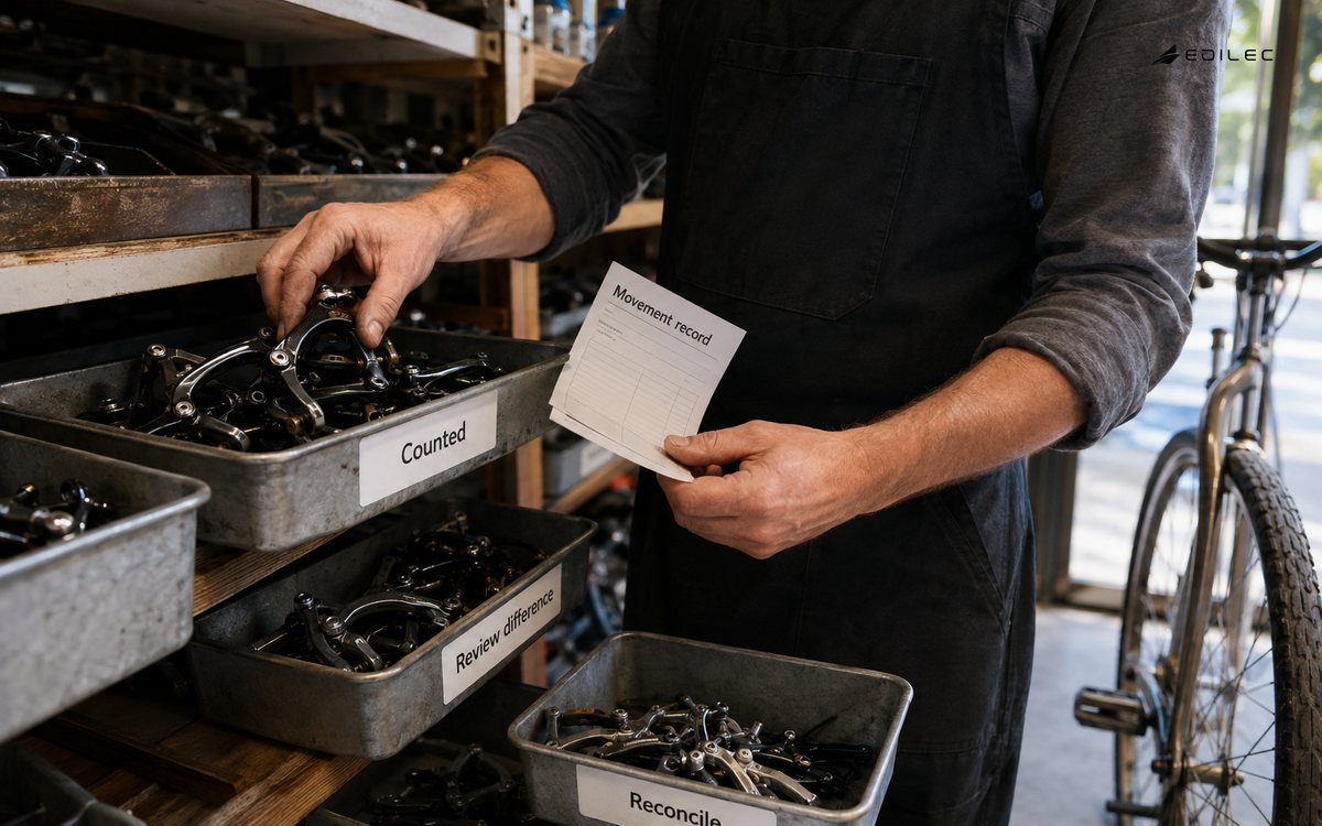 A mechanic counts brake assemblies and separates a stock discrepancy beside a movement record.