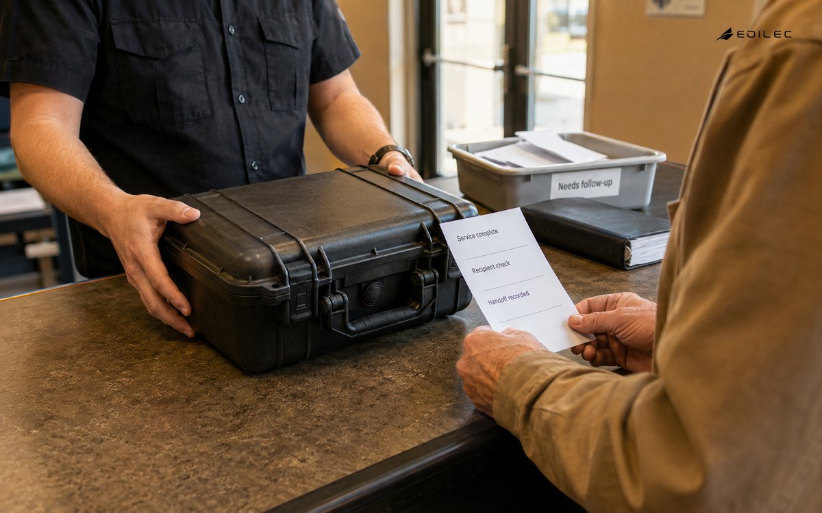 A technician hands over a serviced equipment case while the recipient checks its completion slip.