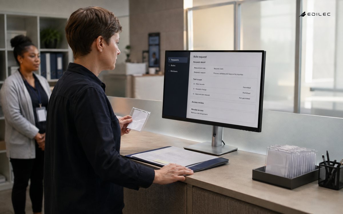 An access administrator reviews task permissions at a staff service counter beside blank badge sleeves.