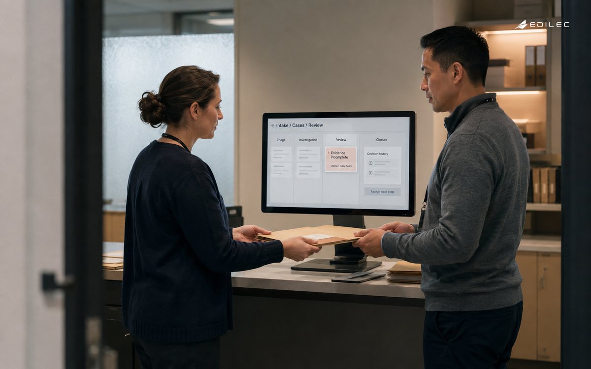 Two caseworkers hand over a folder beside a screen showing evidence review and an assigned next step.