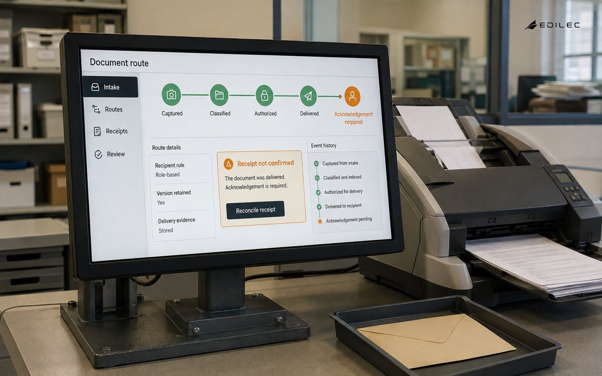 A document-routing interface shows delivery evidence and an unconfirmed receipt beside a scanner.