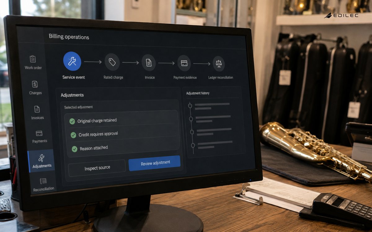 A billing review connects service evidence, an approved adjustment route and ledger reconciliation.
