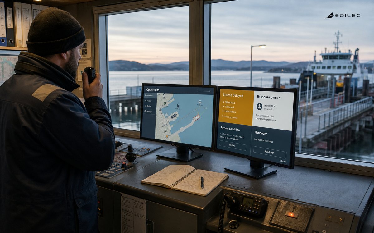 A harbor coordinator checks an operations console beside a handover notebook overlooking a pier.