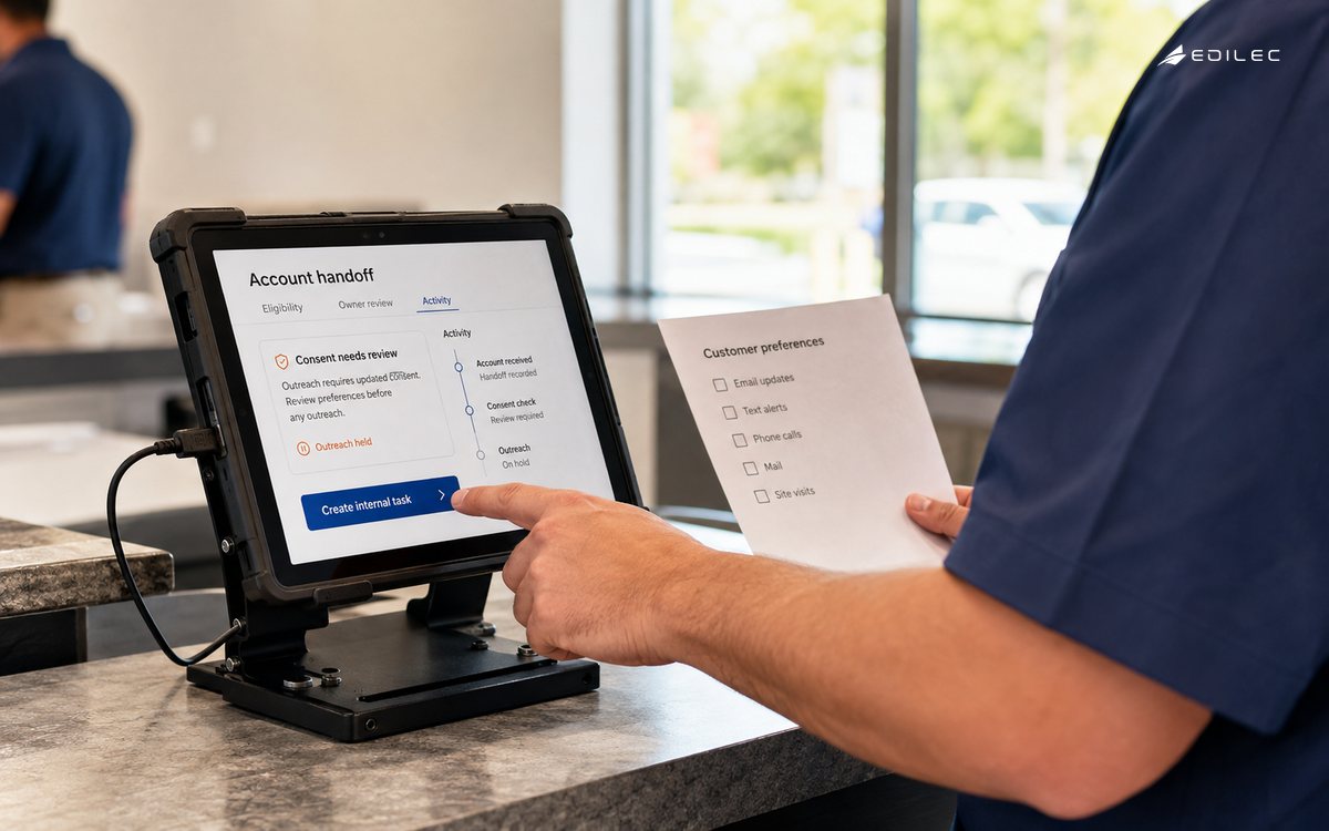 A standing operations worker reviews consent status on a docked tablet before creating an internal handoff task.