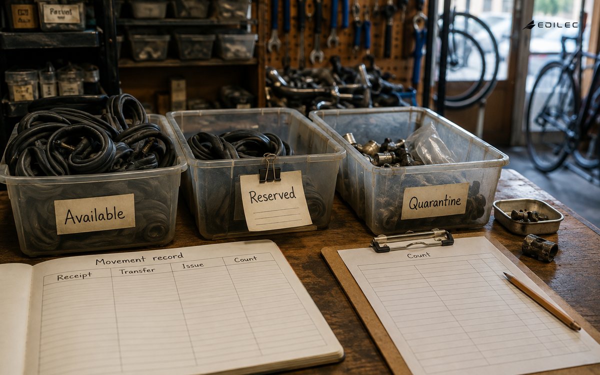 Separate available, reserved and quarantine bins sit beside a movement ledger in a bicycle parts workshop.