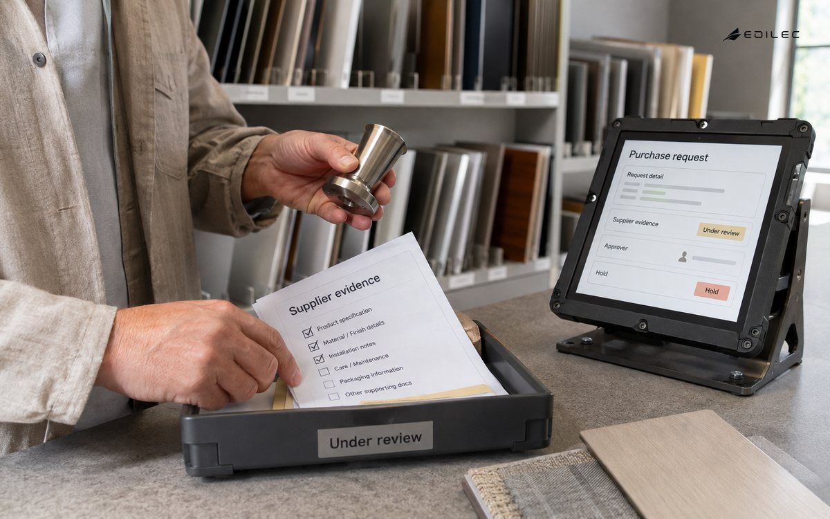 A standing reviewer checks a hardware sample against supplier paperwork at a procurement counter.
