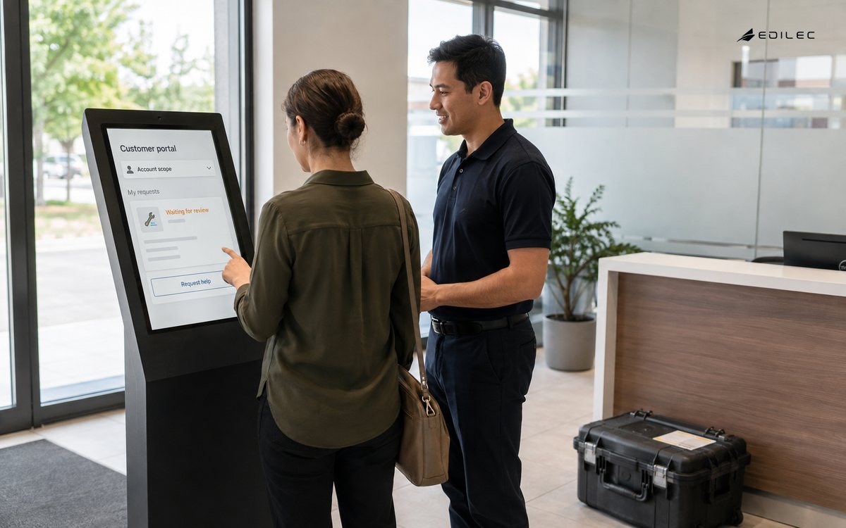 A customer uses an account-scoped service portal kiosk with a support representative nearby.