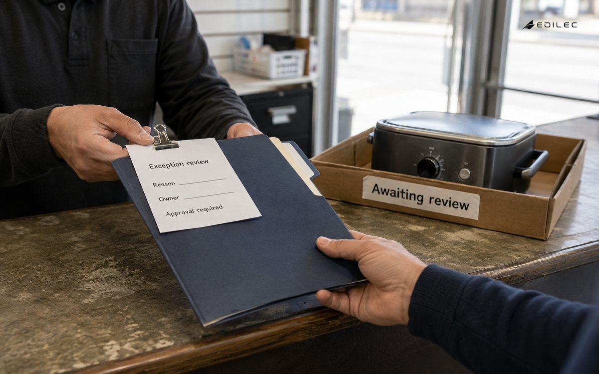 Hands pass an exception-review folder across an equipment-return counter.