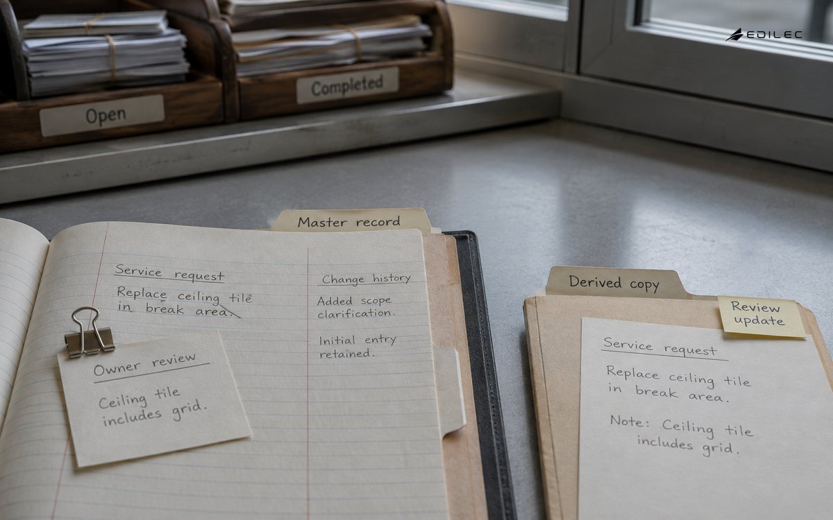 A master register retains a correction slip beside a separately marked derived-copy folder.