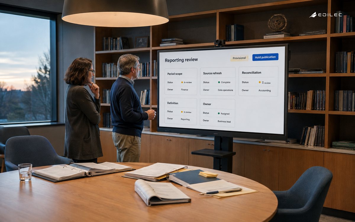 Colleagues review a provisional report beside evidence folders in a shared meeting room.