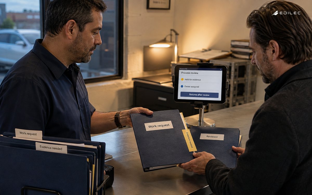 An operator hands a held work request and its evidence tab to a reviewer across a service counter.