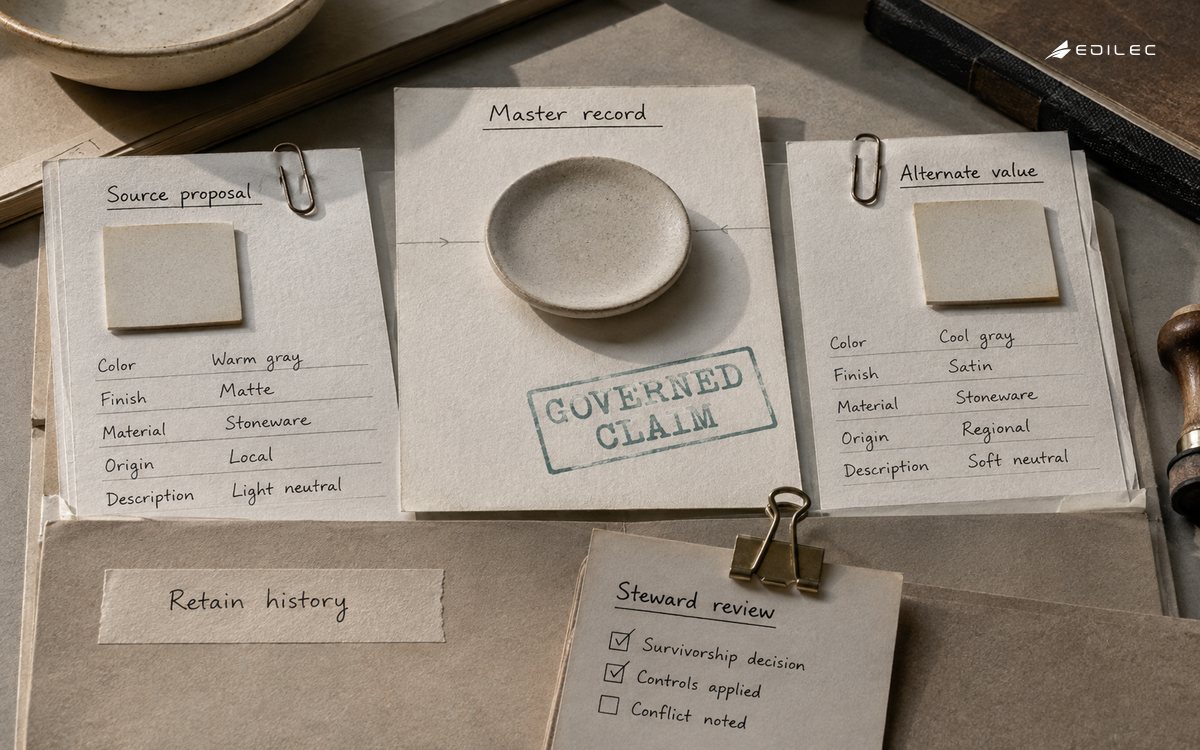 Source attribute cards and a reviewed master record arranged beside a ceramic product sample.