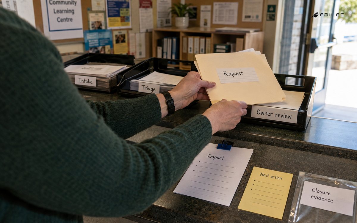 Standing service worker transfers a request folder from intake to an owner-review tray at a reception counter.