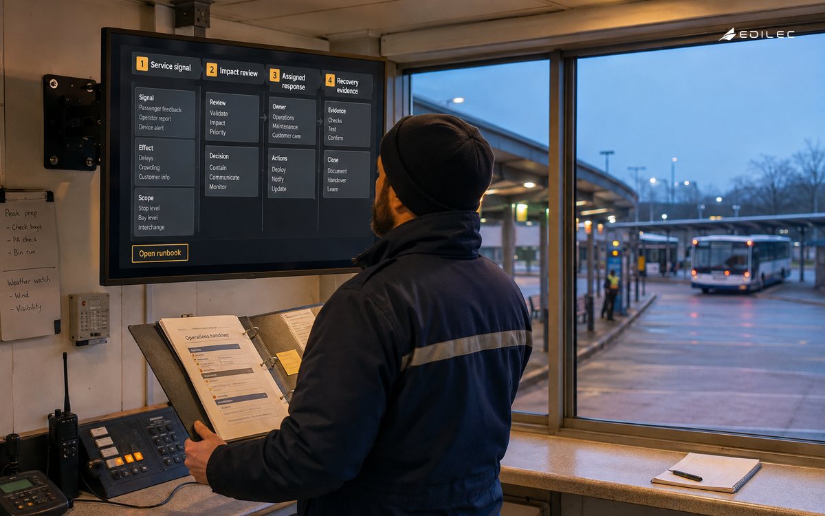 Transit coordinator consulting an incident board and handover folder above bus bays.