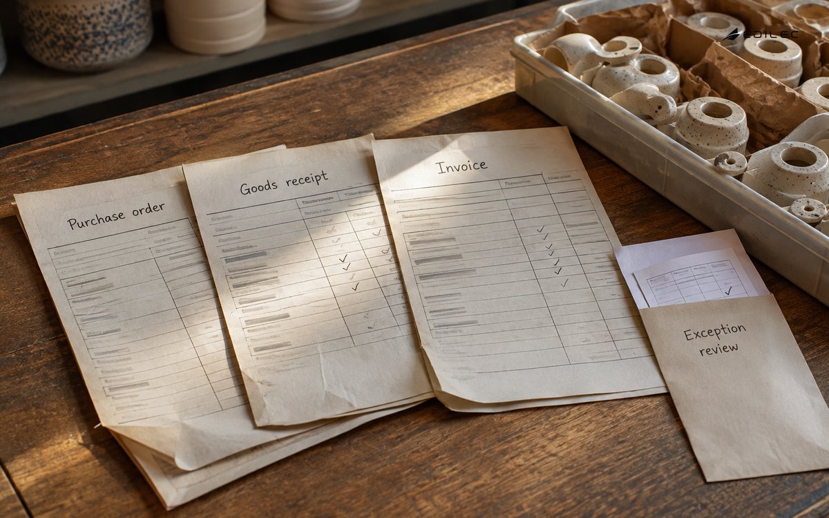 Purchase order, goods receipt, and invoice templates aligned beside an exception-review sleeve and sample goods.