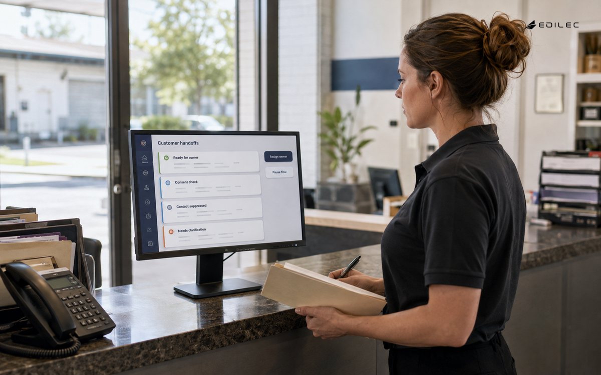 A service-reception handoff station shows consent checks and a clarification queue on a small monitor.
