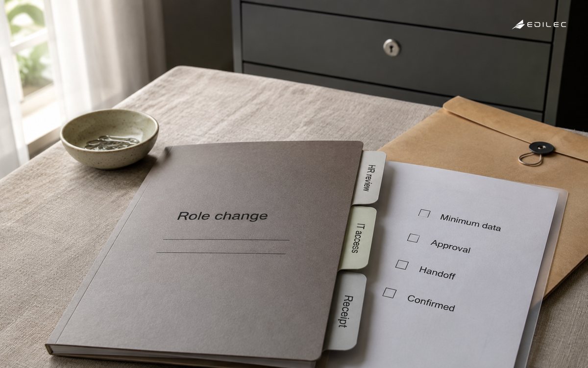 A role-change folder and handoff checklist in a private people-operations room.